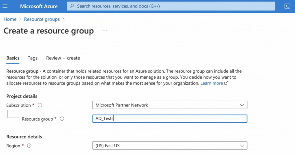 Create a resource group where to deploy your Active Directory lab